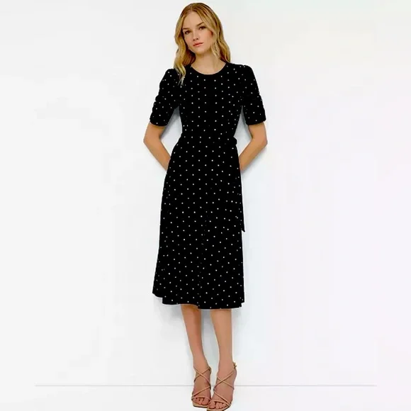 sachin and babi light blue dress DKNY Womens Black Polka Dot Sleeveless Jewel Neck Midi Shift Dress Size: 2
